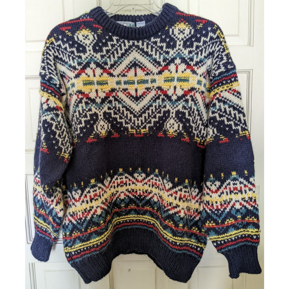 Vintage Fair Isle Icelandic Nordic EMS Sweater L 100% Wool Heavy Chunky Scotland